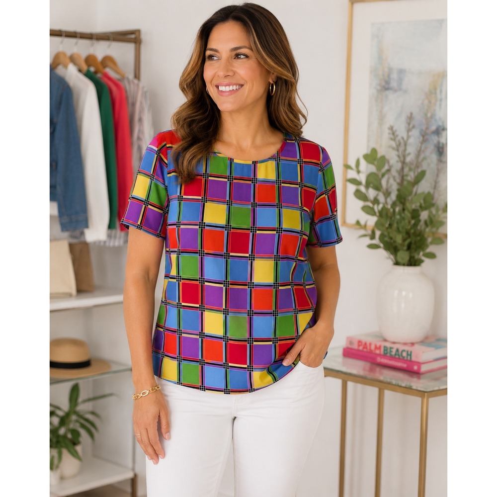Yves St. Clair Vintage Multicolor Plaid Blouse Women's Large Short Sleeve Sz 16